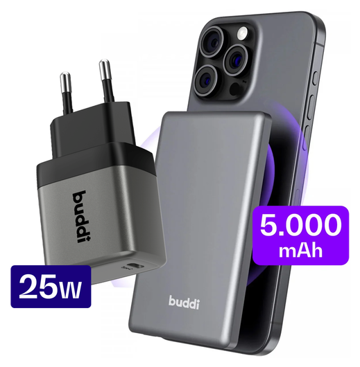 Buddi Connect 5.000 mAh MagSafe Powerbank 20W met 25W Oplader Zwart afbeelding 1