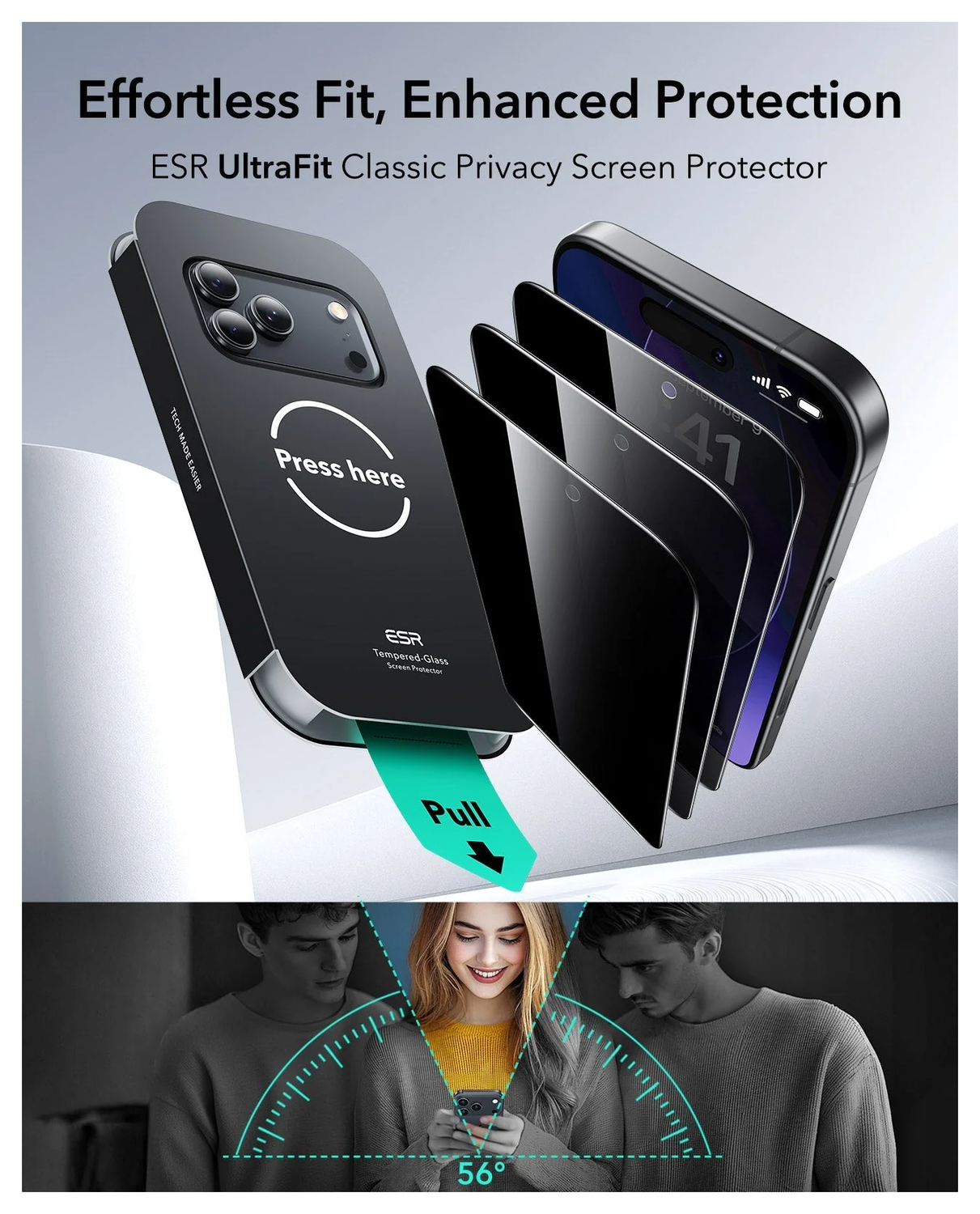 ESR UltraFit Privacy iPhone 17 Pro Screen Protector Tempered Glass (3-Pack) afbeelding 2