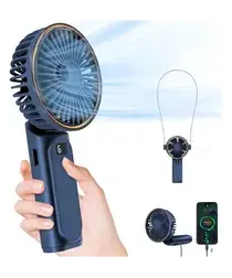 Draagbare Mini Hand Ventilator Oplaadbaar met Nekkoord Blauw afbeelding