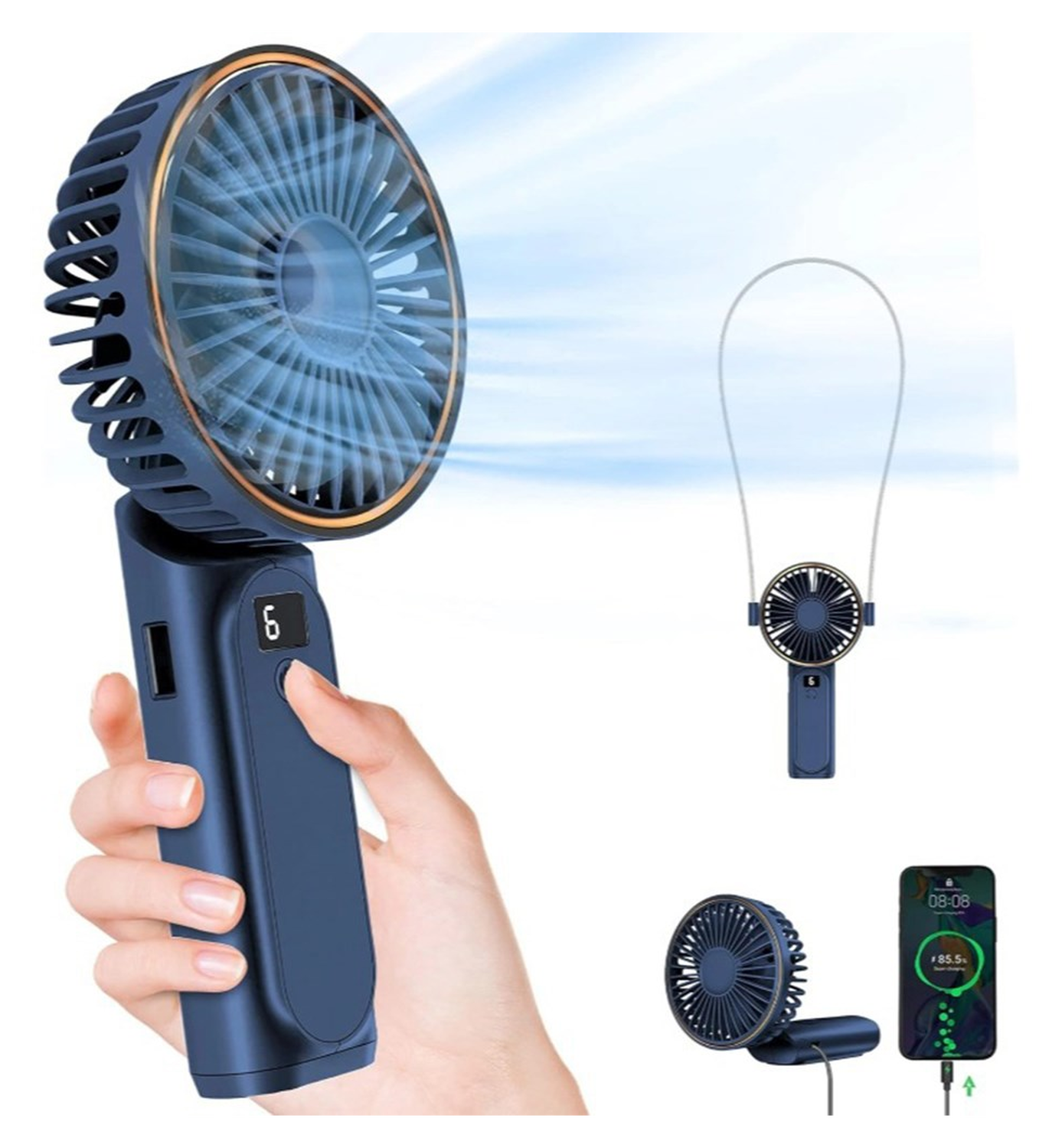 Draagbare Mini Hand Ventilator Oplaadbaar met Nekkoord Blauw afbeelding 1