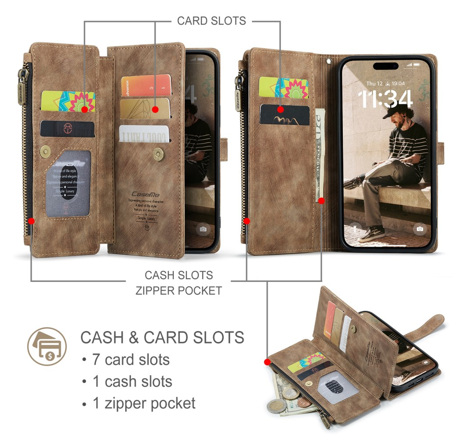 CaseMe C30 Apple iPhone 17 Hoesje Pasjeshouder Book Case Bruin afbeelding 3