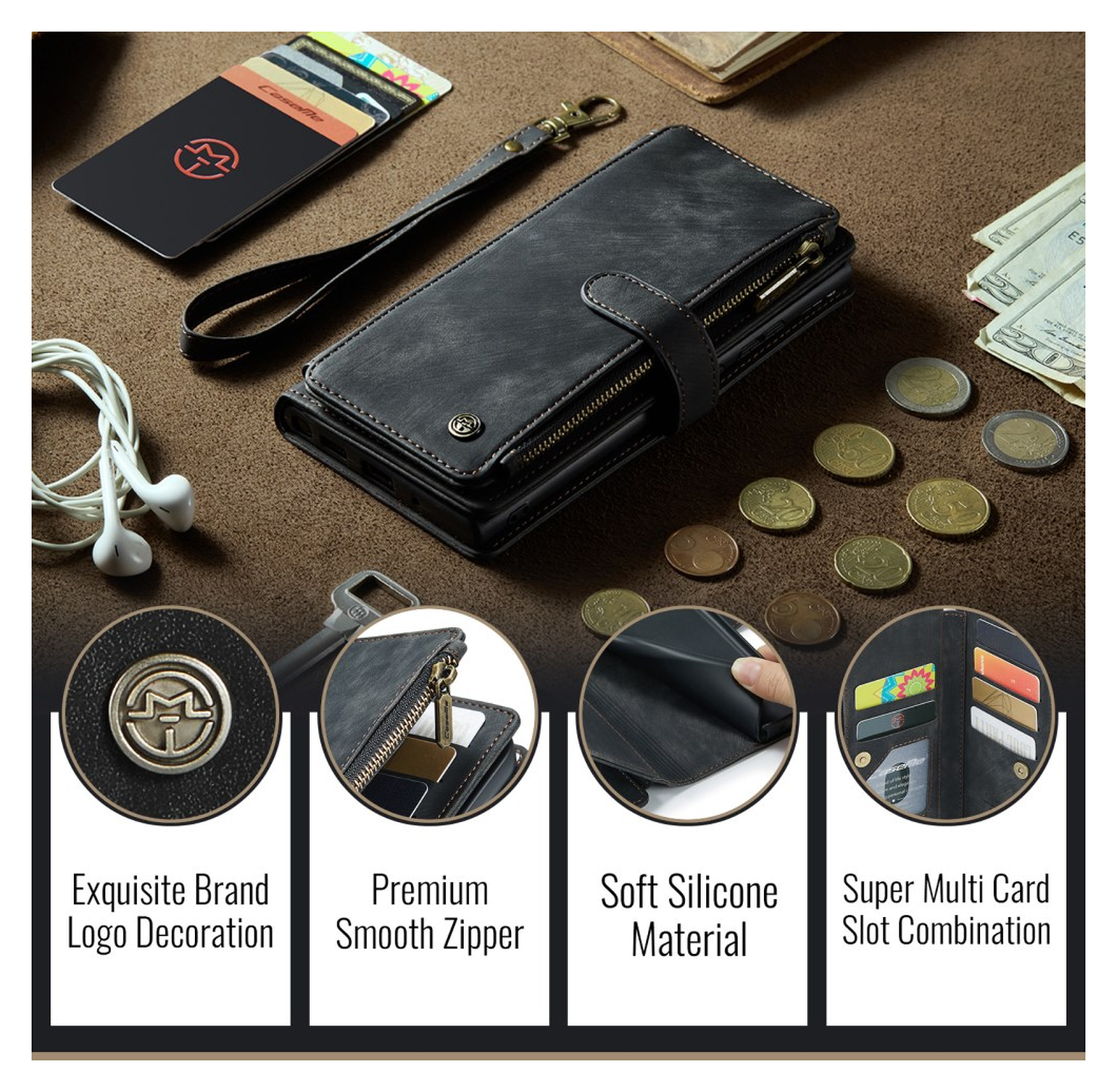 CaseMe C30 Apple iPhone 17 Pro Hoesje Pasjeshouder Book Case Zwart afbeelding 8