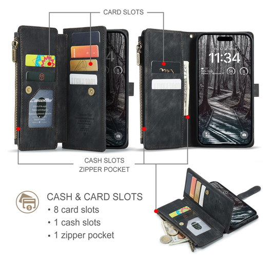 CaseMe C30 Apple iPhone 17 Pro Hoesje Pasjeshouder Book Case Zwart afbeelding 3