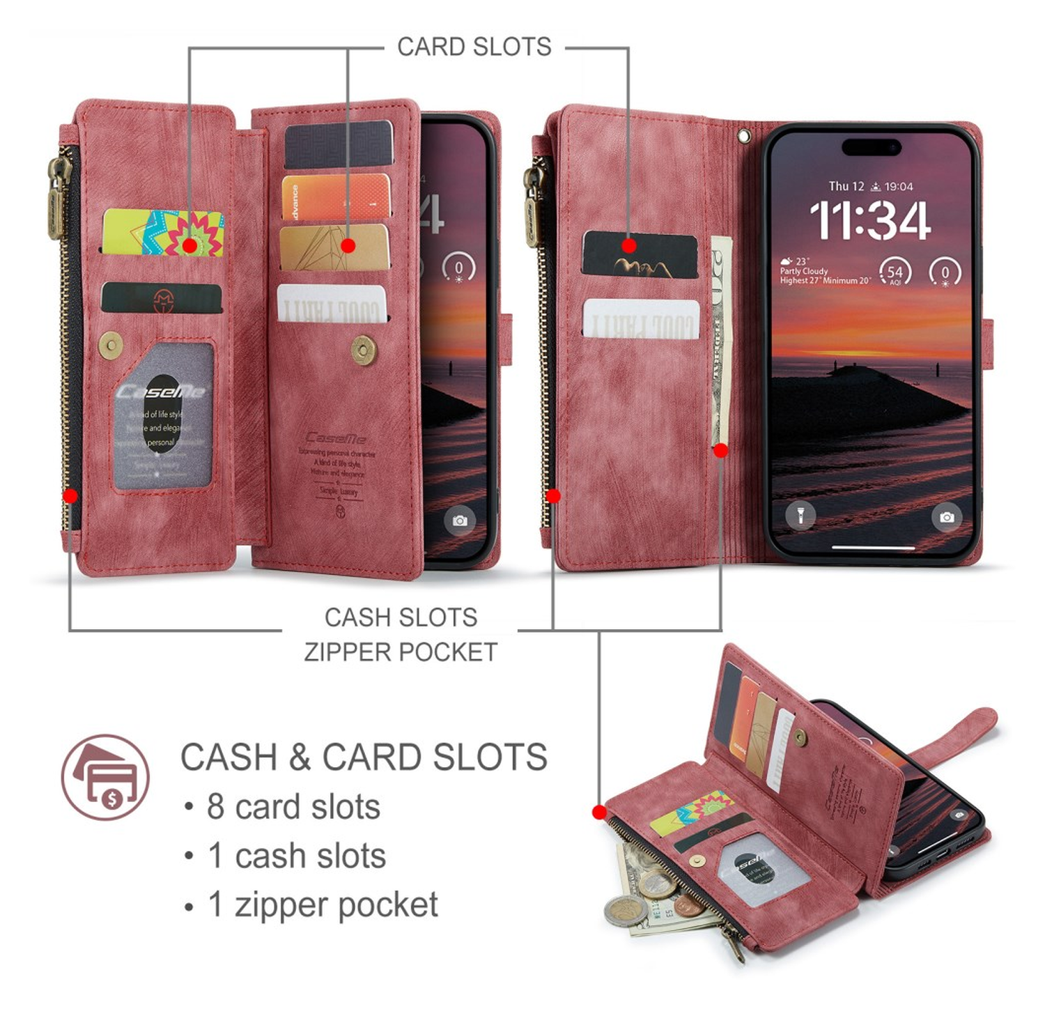 CaseMe C30 Apple iPhone 17 Pro Hoesje Pasjeshouder Book Case Rood afbeelding 3