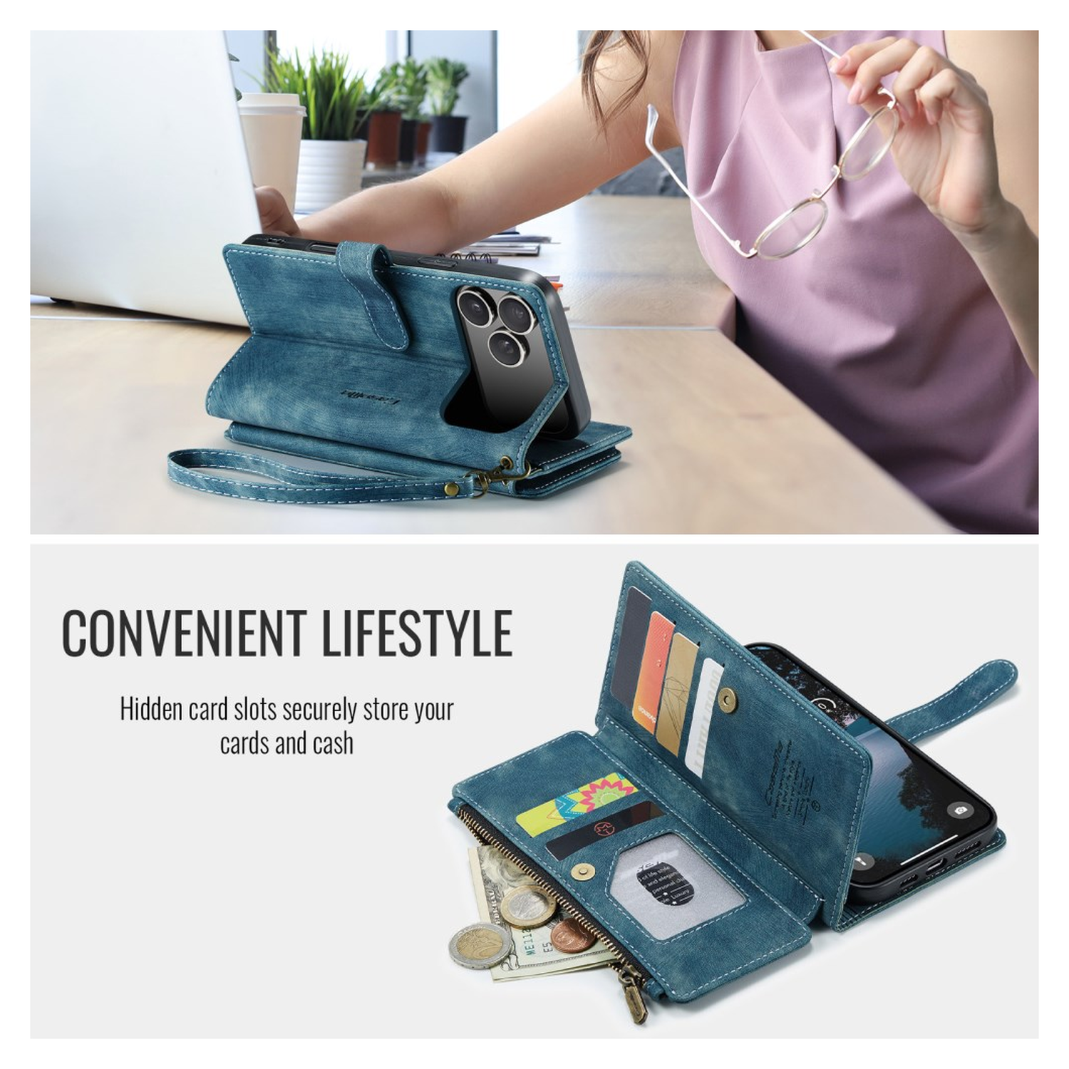 CaseMe C30 Apple iPhone 17 Pro Hoesje Pasjeshouder Book Case Blauw afbeelding 5