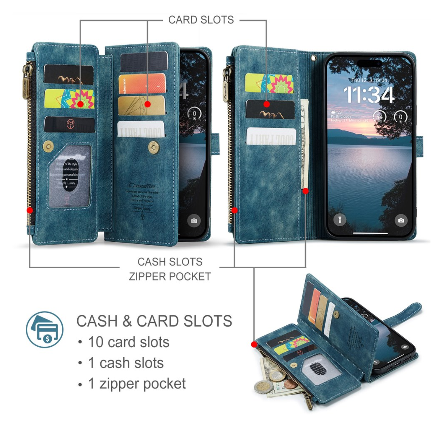 CaseMe C30 Apple iPhone 17 Pro Max Hoesje Pasjeshouder Book Case Blauw afbeelding 3