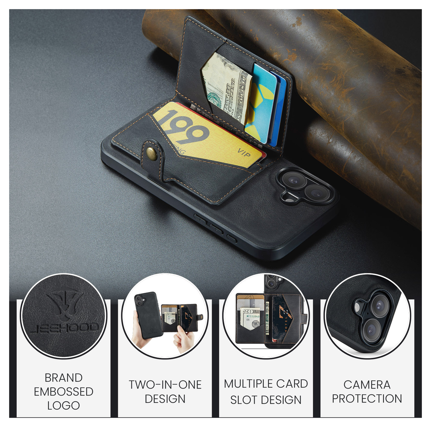 CaseMe JH-01 Apple iPhone 17 Hoesje met Magnetische Kaarthouder Zwart afbeelding 3