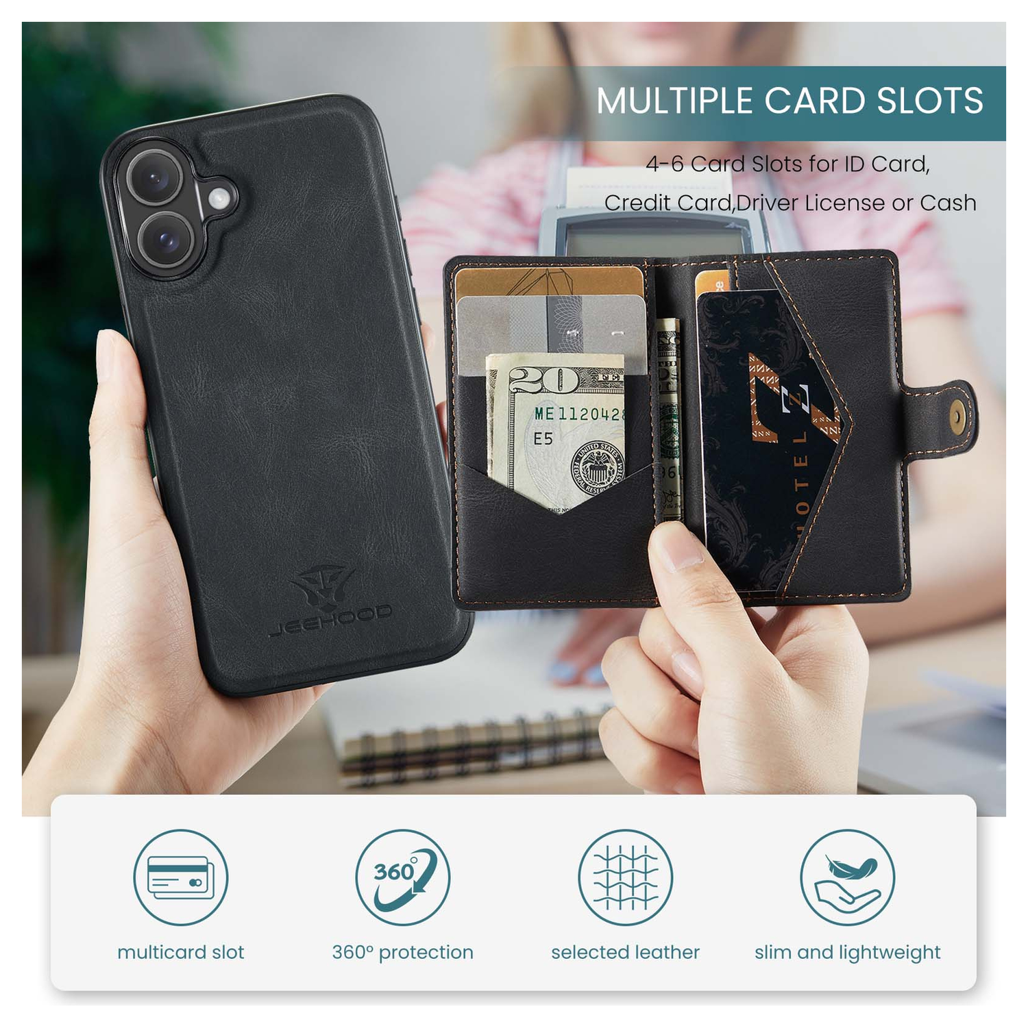 CaseMe JH-01 Apple iPhone 17 Hoesje met Magnetische Kaarthouder Zwart afbeelding 4