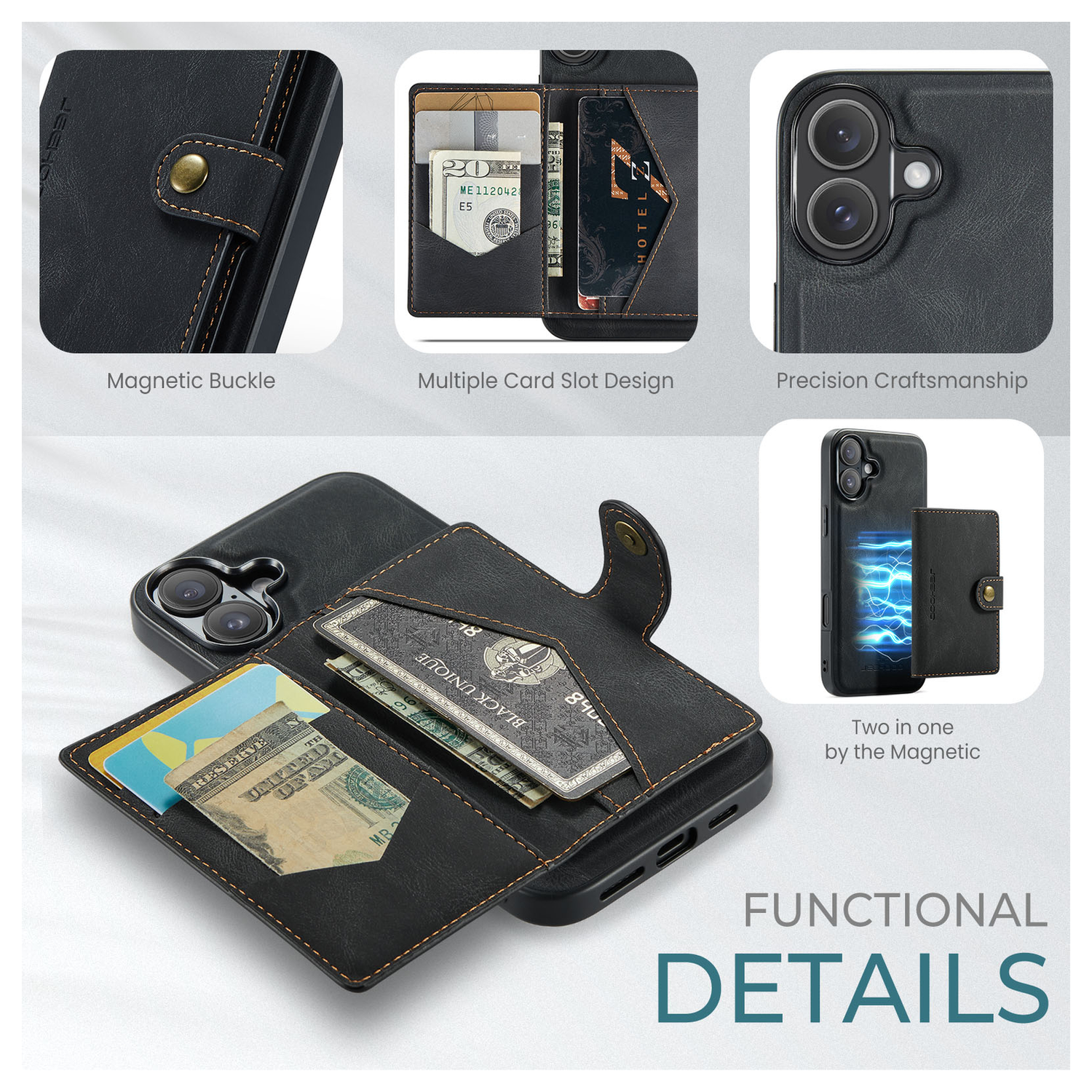 CaseMe JH-01 Apple iPhone 17 Hoesje met Magnetische Kaarthouder Zwart afbeelding 6