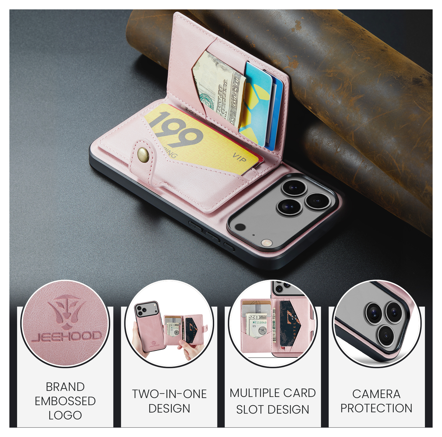 CaseMe JH-01 Apple iPhone 17 Pro Hoesje met Magnetische Kaarthouder Roze afbeelding 3