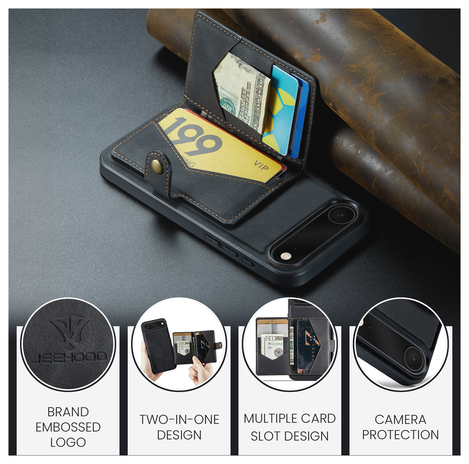 CaseMe JH-01 Apple iPhone Air Hoesje met Magnetische Kaarthouder Zwart afbeelding 4