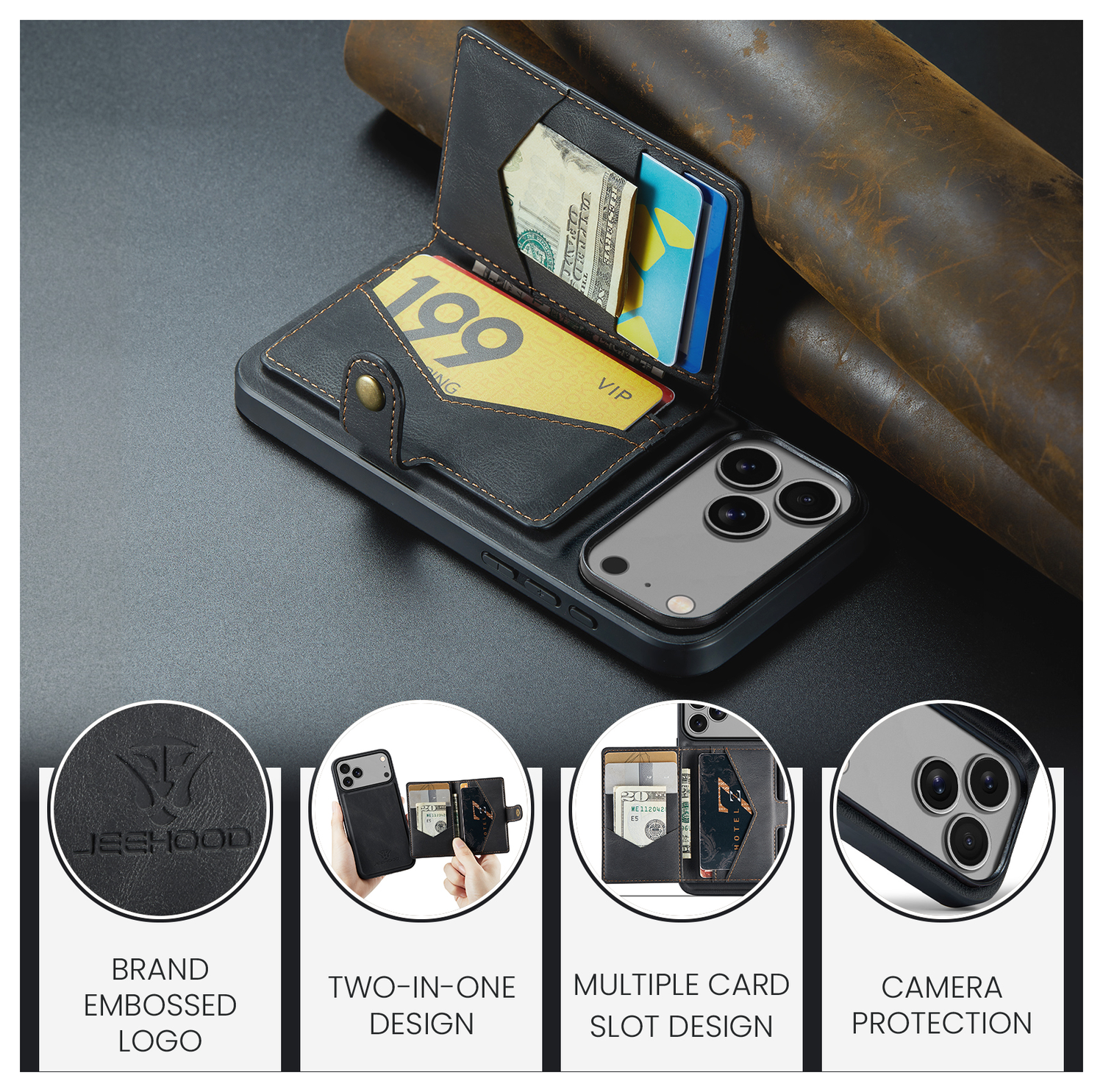 CaseMe JH-01 Apple iPhone 17 Pro Max Hoesje met Magnetische Kaarthouder Zwart afbeelding 3