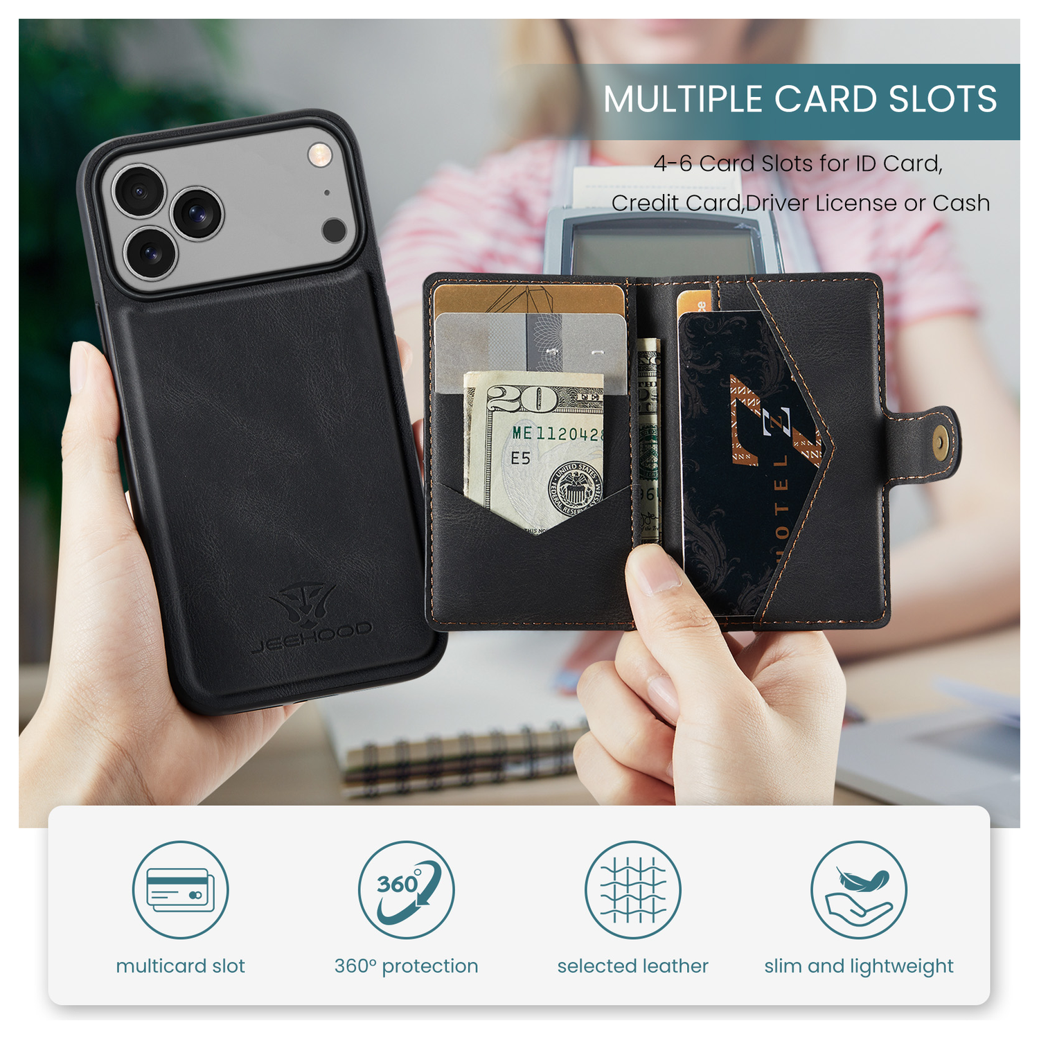 CaseMe JH-01 Apple iPhone 17 Pro Max Hoesje met Magnetische Kaarthouder Zwart afbeelding 4