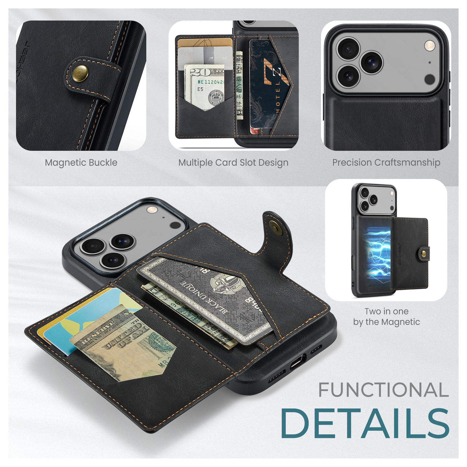 CaseMe JH-01 Apple iPhone 17 Pro Max Hoesje met Magnetische Kaarthouder Zwart afbeelding 5