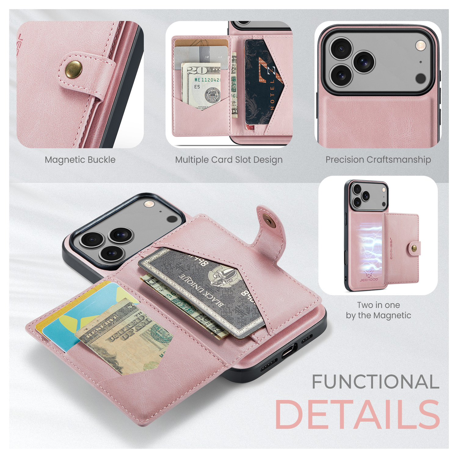 CaseMe JH-01 Apple iPhone 17 Pro Max Hoesje met Magnetische Kaarthouder Roze afbeelding 4