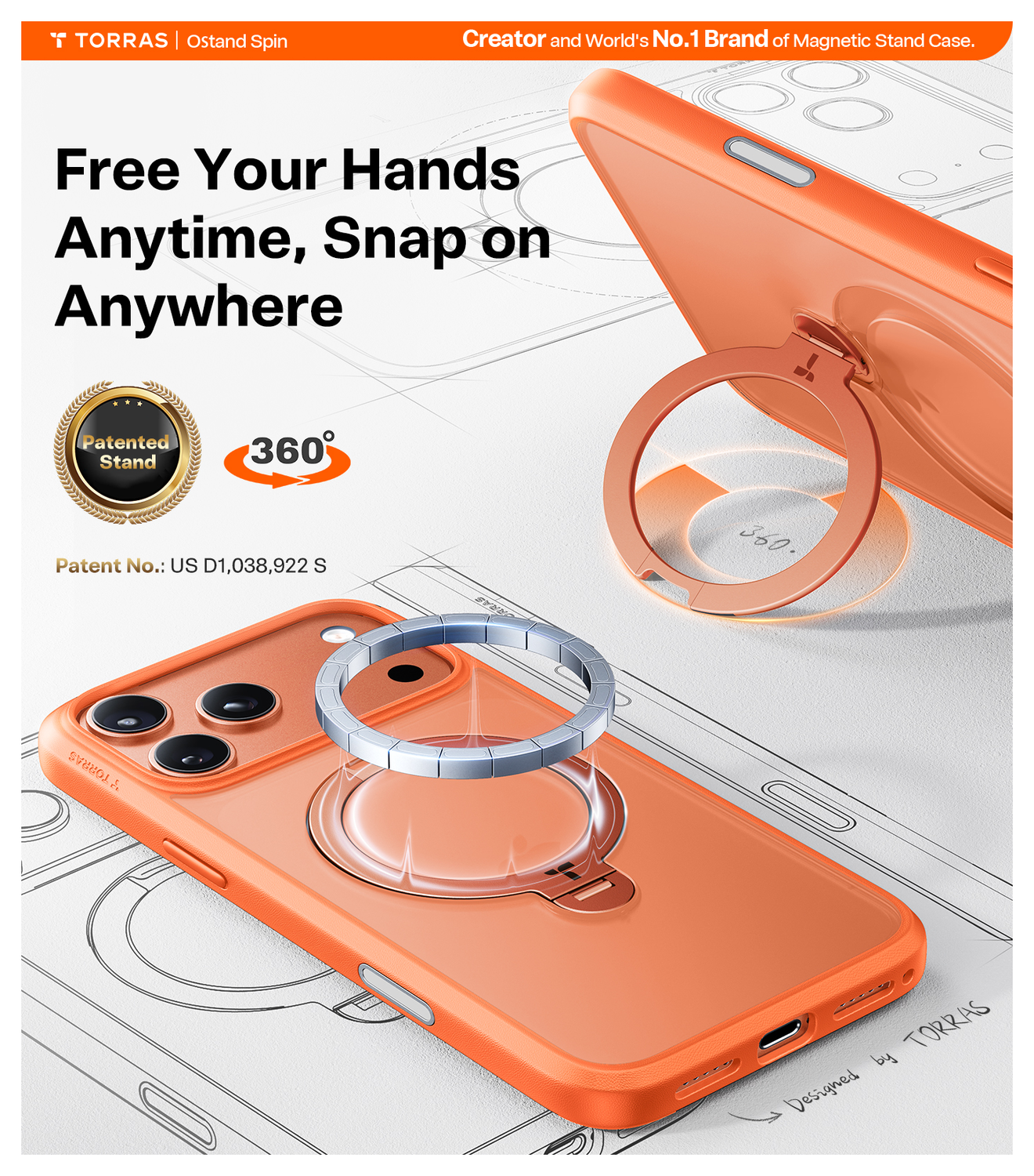 TORRAS Ostand Spin Apple iPhone 17 Pro Max Hoesje 360° MagSafe Stand Oranje afbeelding 5