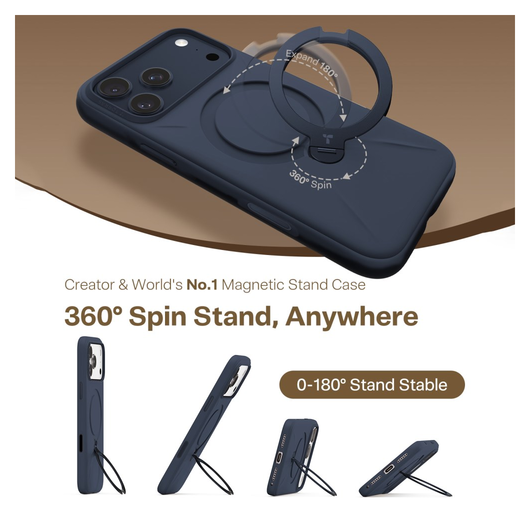 TORRAS Q Pro Silicone iPhone 17 Pro Hoesje MagSafe 360° Kickstand Blauw afbeelding 4