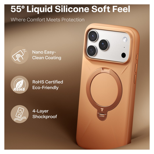 TORRAS Q Pro Silicone iPhone 17 Pro Hoesje MagSafe 360° Kickstand Oranje afbeelding 2