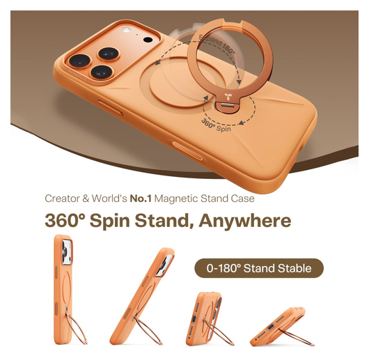 TORRAS Q Pro Silicone iPhone 17 Pro Hoesje MagSafe 360° Kickstand Oranje afbeelding 3