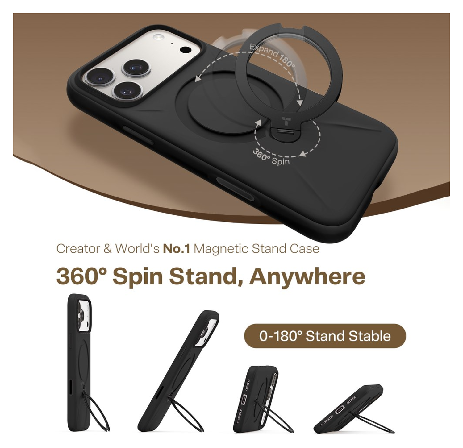 TORRAS Q Pro Silicone iPhone 17 Pro Max Hoesje MagSafe 360° Kickstand Zwart afbeelding 5
