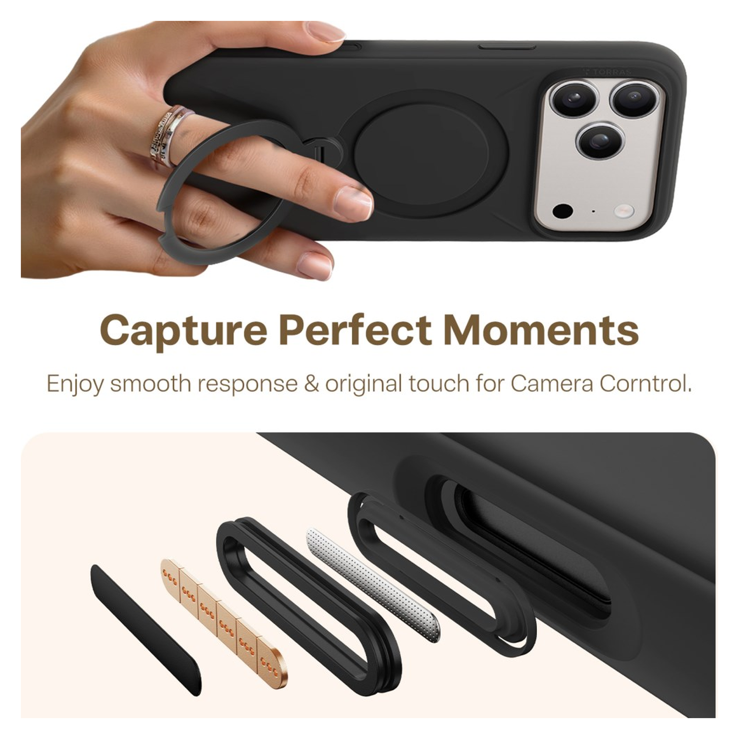 TORRAS Q Pro Silicone iPhone 17 Pro Max Hoesje MagSafe 360° Kickstand Zwart afbeelding 6