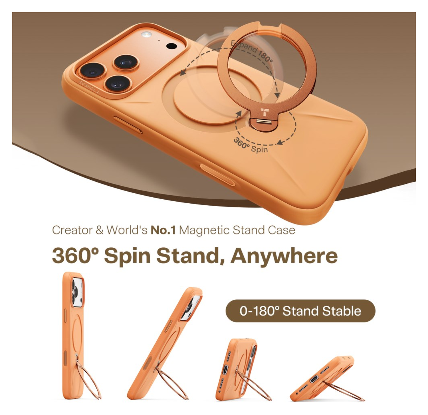 TORRAS Q Pro Silicone iPhone 17 Pro Max Hoesje MagSafe 360° Kickstand Oranje afbeelding 4
