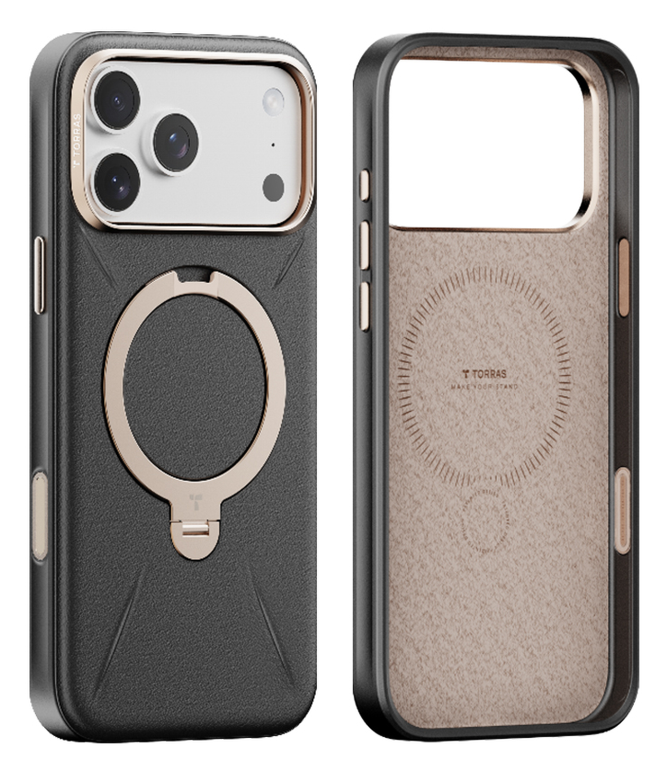 TORRAS Q Pro Leather iPhone 17 Pro Hoesje MagSafe 360° Kickstand Zwart afbeelding 1
