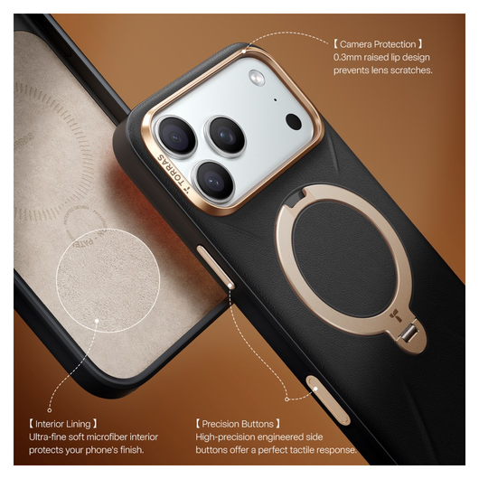 TORRAS Q Pro Leather iPhone 17 Pro Hoesje MagSafe 360° Kickstand Zwart afbeelding 7