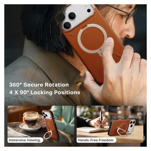 TORRAS Q Pro Leather iPhone 17 Pro Hoesje MagSafe 360° Kickstand Bruin afbeelding 4