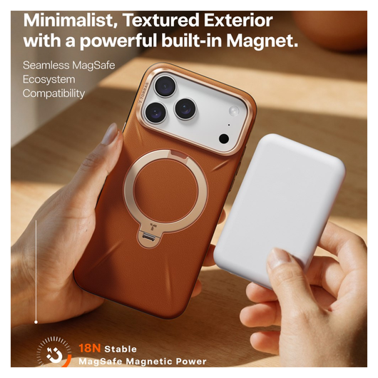 TORRAS Q Pro Leather iPhone 17 Pro Hoesje MagSafe 360° Kickstand Bruin afbeelding 6