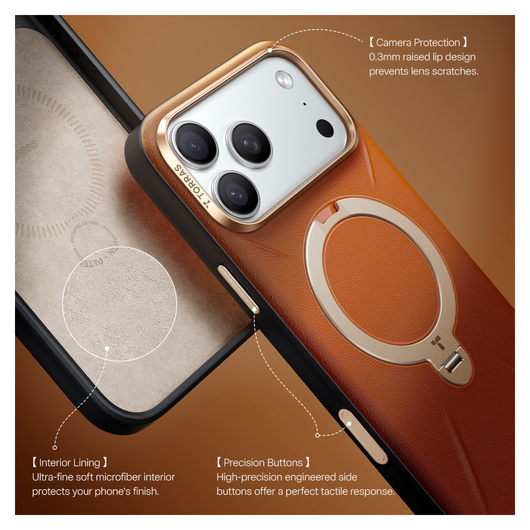 TORRAS Q Pro Leather iPhone 17 Pro Hoesje MagSafe 360° Kickstand Bruin afbeelding 7
