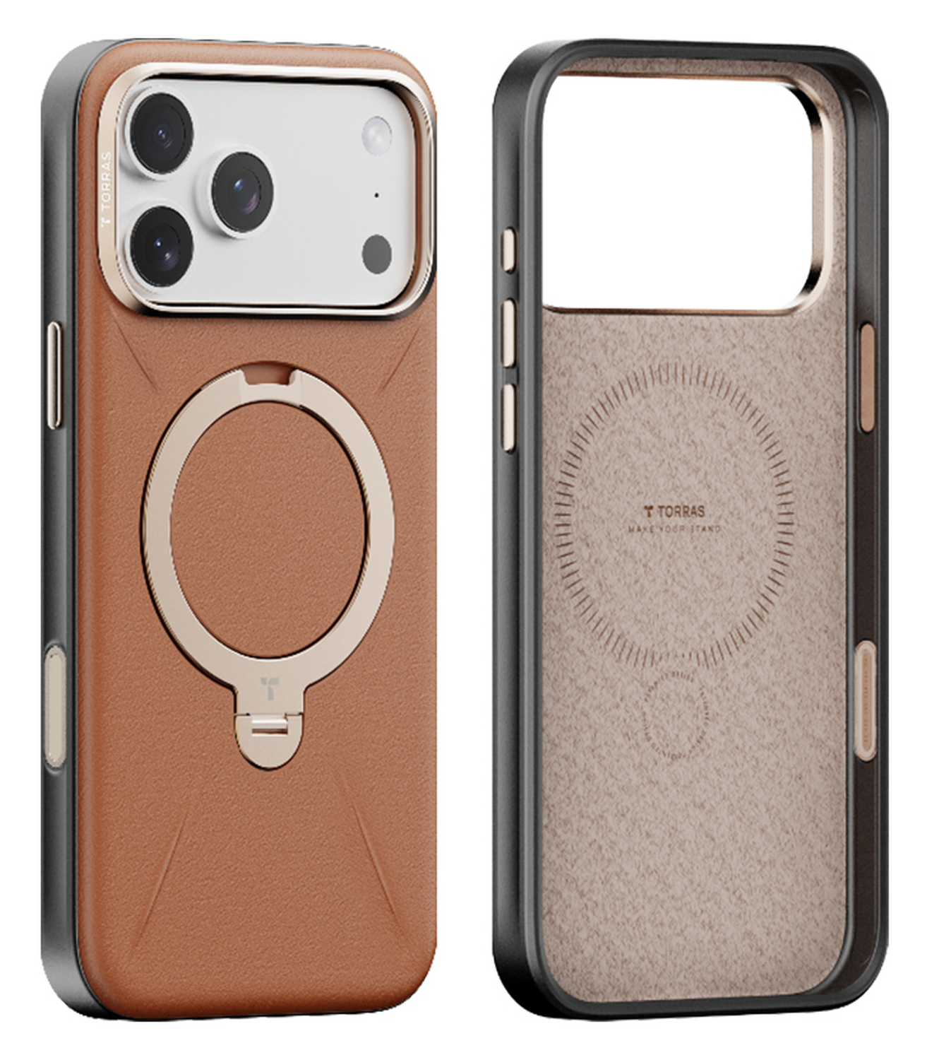 TORRAS Q Pro Leather iPhone 17 Pro Max Hoesje MagSafe 360° Kickstand Bruin afbeelding 1
