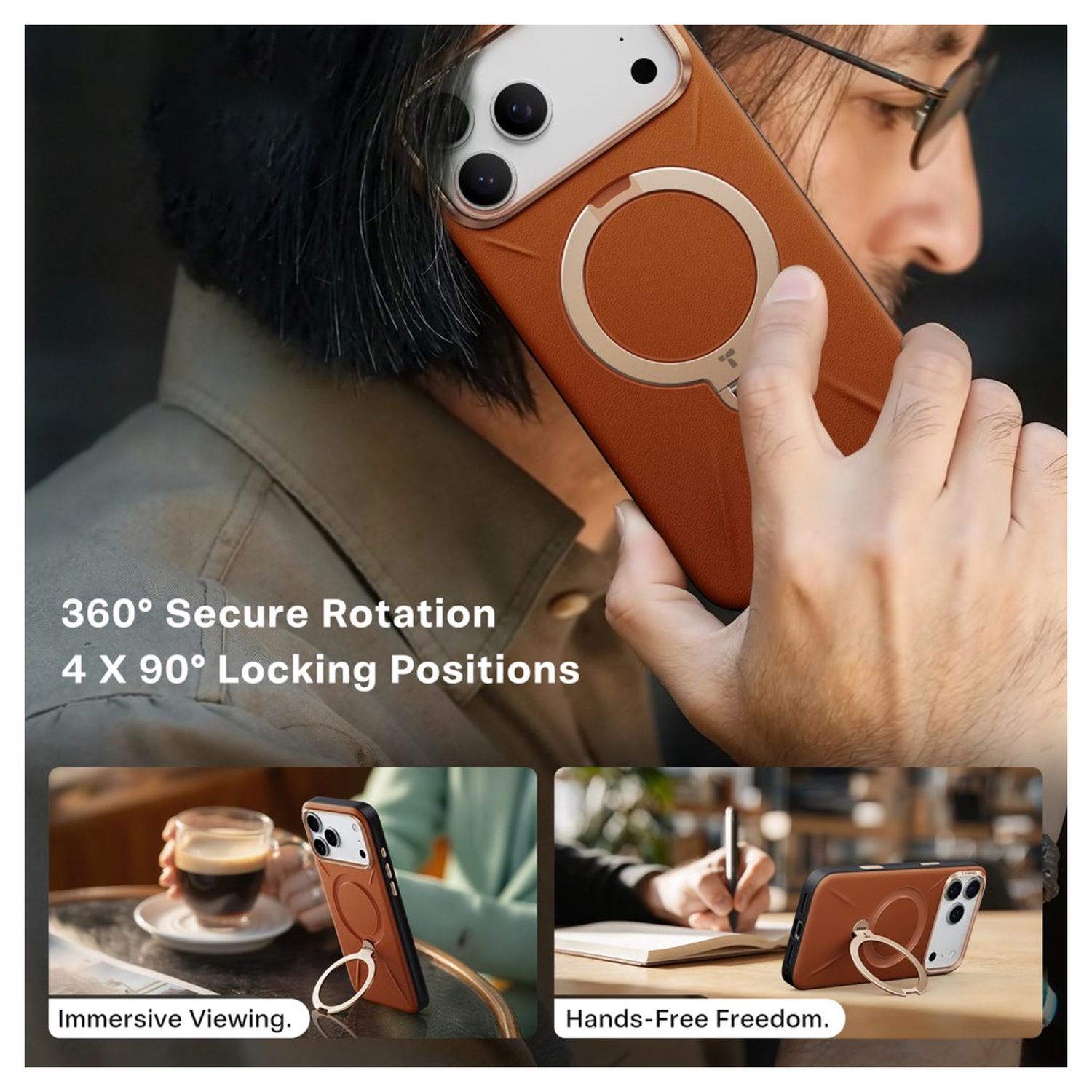 TORRAS Q Pro Leather iPhone 17 Pro Max Hoesje MagSafe 360° Kickstand Bruin afbeelding 4