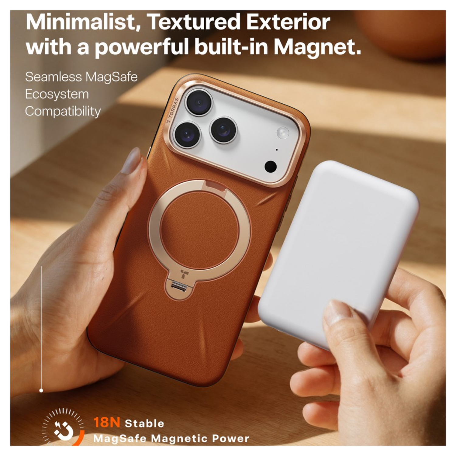 TORRAS Q Pro Leather iPhone 17 Pro Max Hoesje MagSafe 360° Kickstand Bruin afbeelding 5