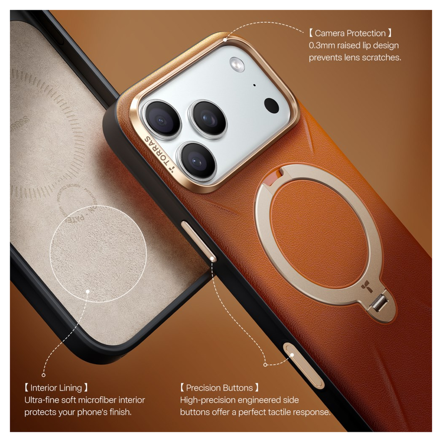 TORRAS Q Pro Leather iPhone 17 Pro Max Hoesje MagSafe 360° Kickstand Bruin afbeelding 7