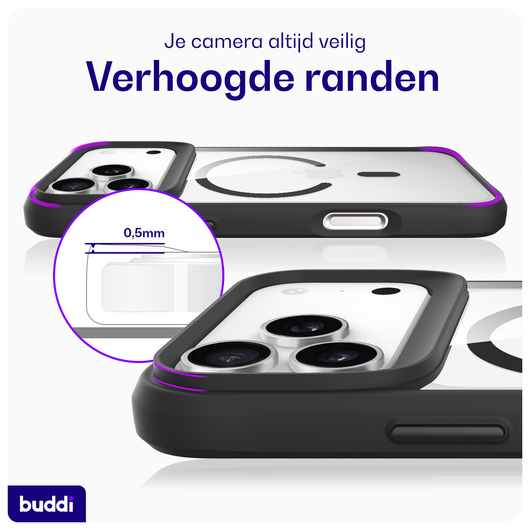 Buddi Hybrid iPhone 17 Pro Max Hoesje MagSafe Back Cover Transparant Zwart afbeelding 4