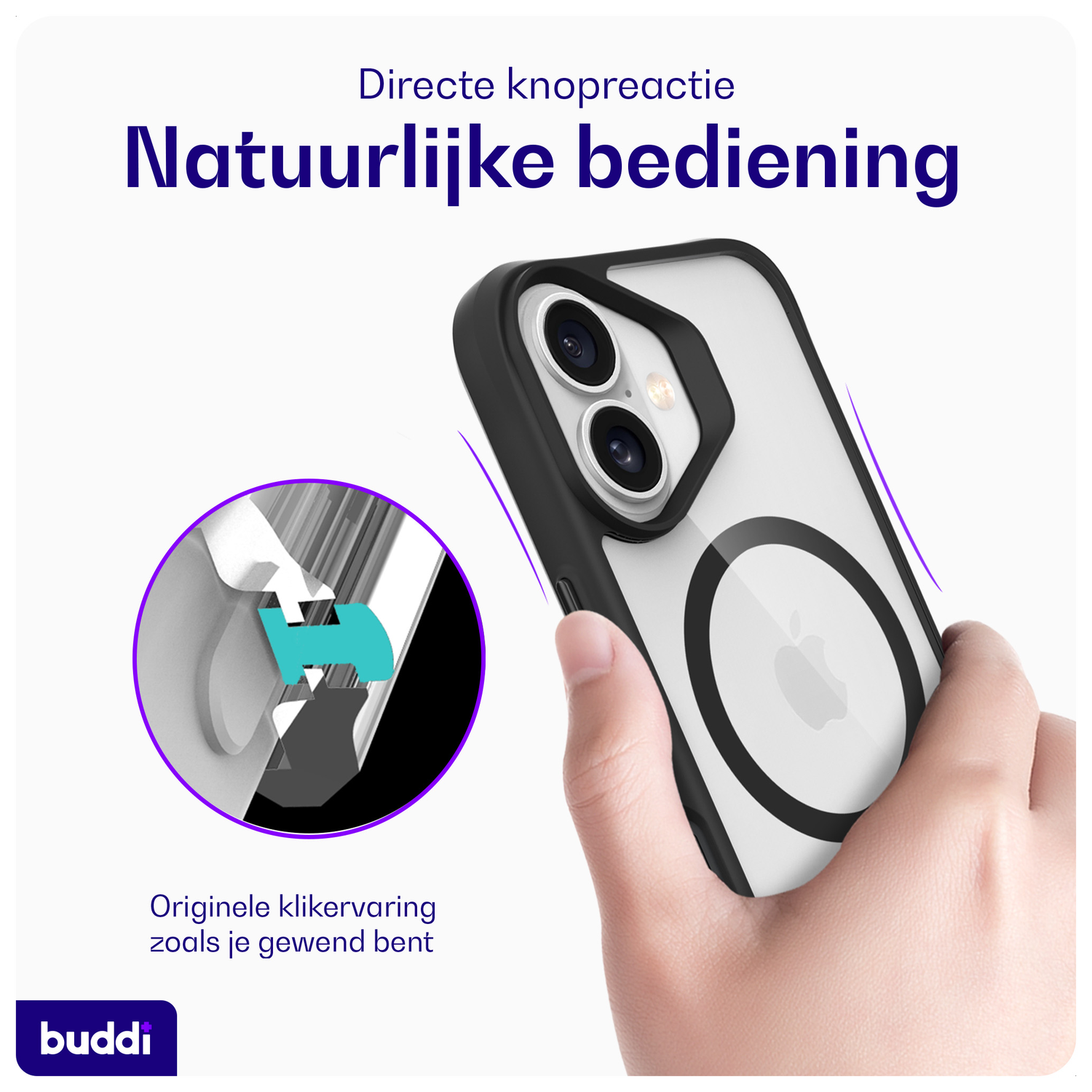 Buddi Hybrid Apple iPhone 16 Hoesje MagSafe Back Cover Transparant Zwart afbeelding 4