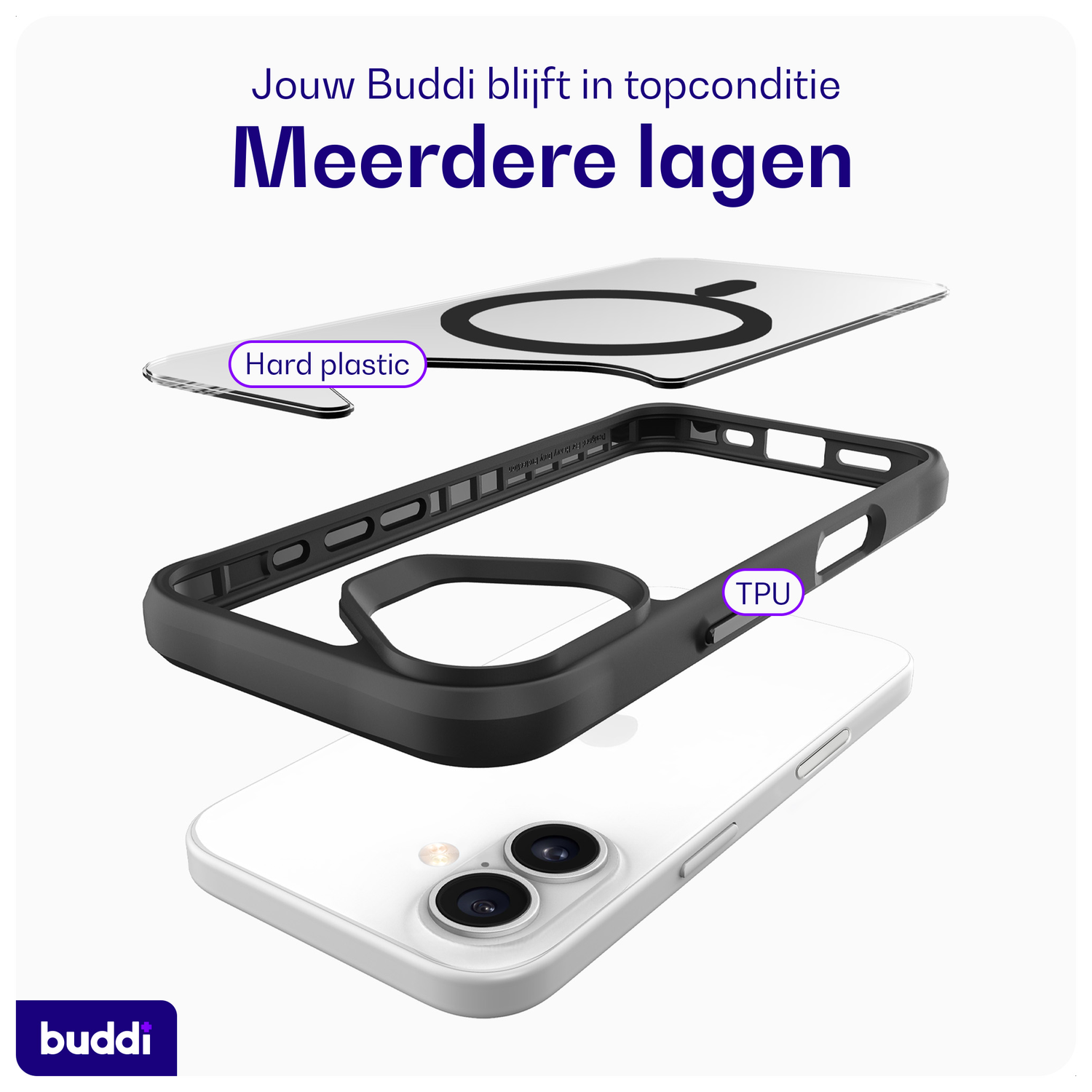 Buddi Hybrid Apple iPhone 16 Hoesje MagSafe Back Cover Transparant Zwart afbeelding 7