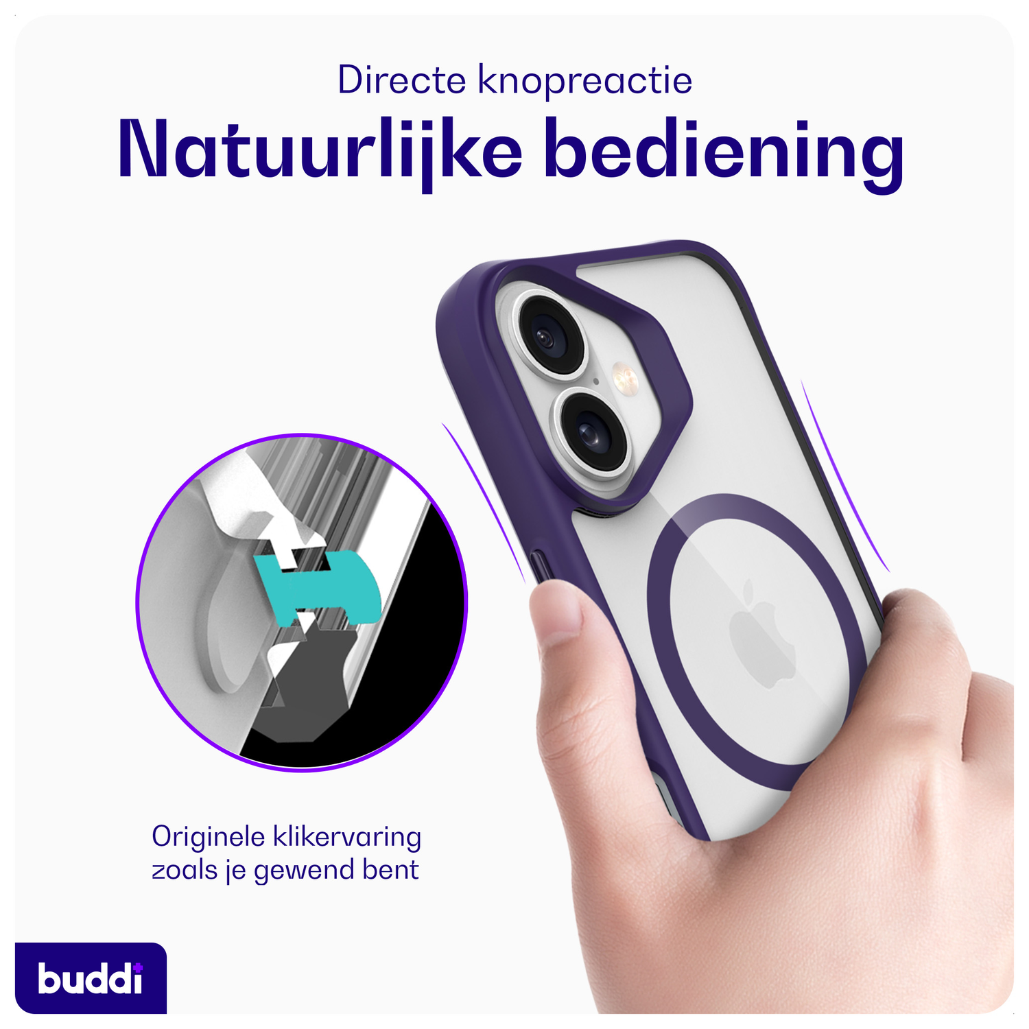 Buddi Hybrid Apple iPhone 16 Hoesje MagSafe Back Cover Transparant Paars afbeelding 4