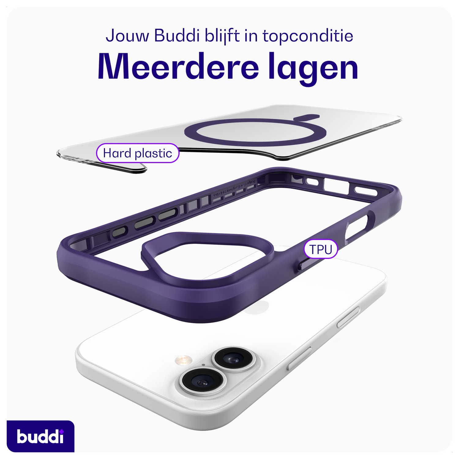 Buddi Hybrid Apple iPhone 16 Hoesje MagSafe Back Cover Transparant Paars afbeelding 7