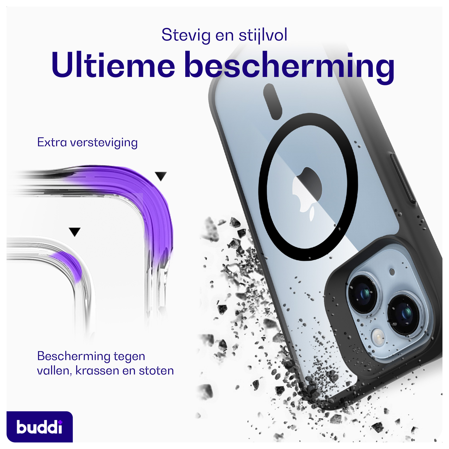 Buddi Hybrid Apple iPhone 15 / 14 / 13 Hoesje MagSafe Transparant Zwart afbeelding 2
