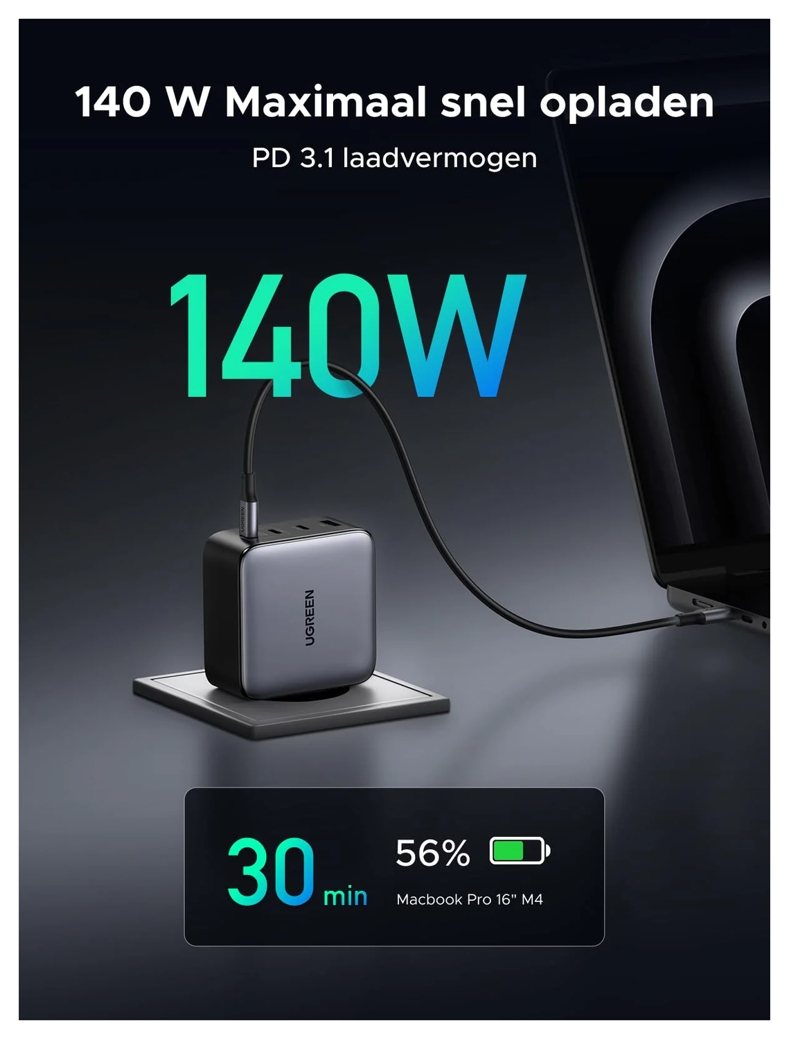 UGREEN Nexode 200W USB/USB-C Snellader GaN Power Delivery Adapter Grijs afbeelding 2