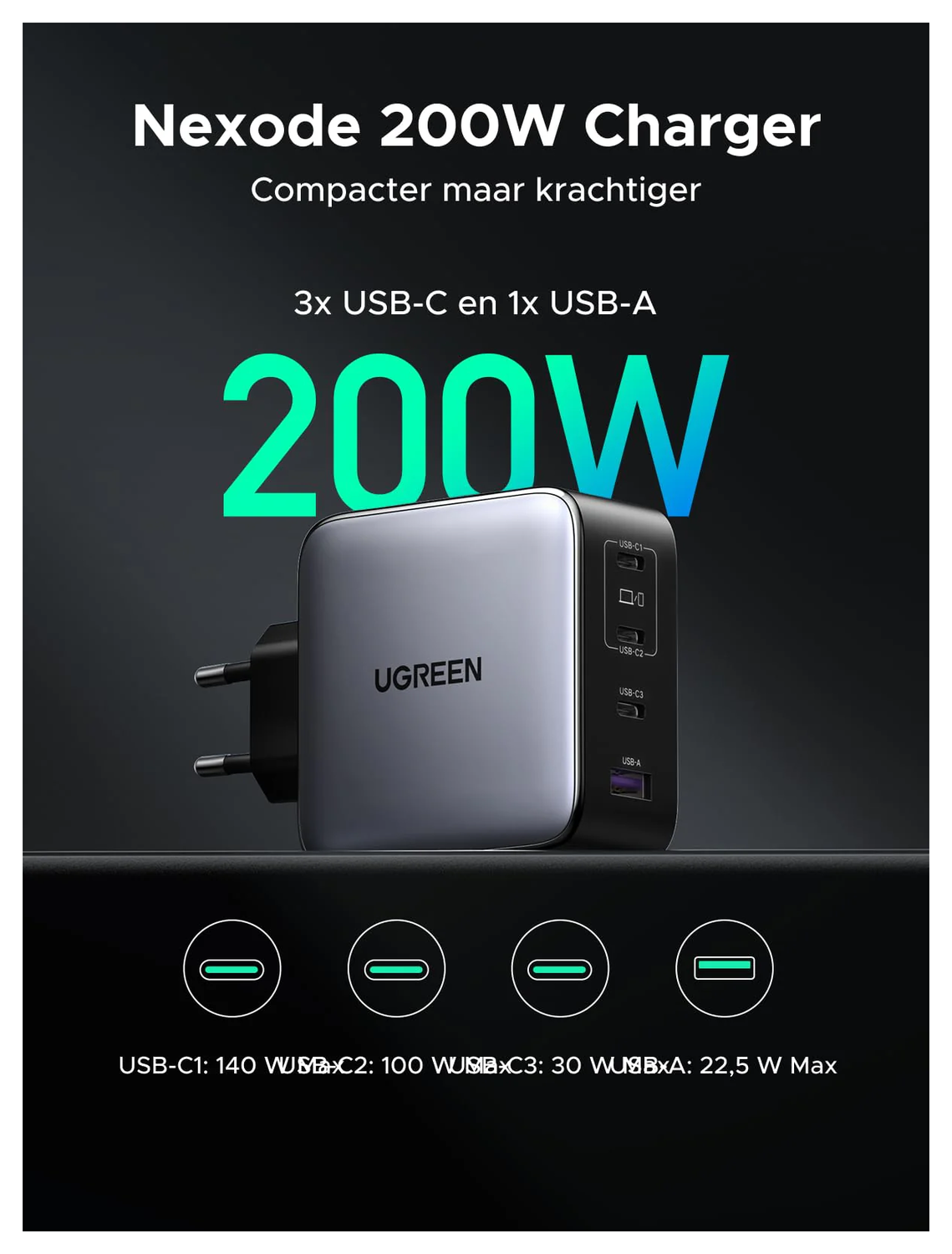 UGREEN Nexode 200W USB/USB-C Snellader GaN Power Delivery Adapter Grijs afbeelding 3