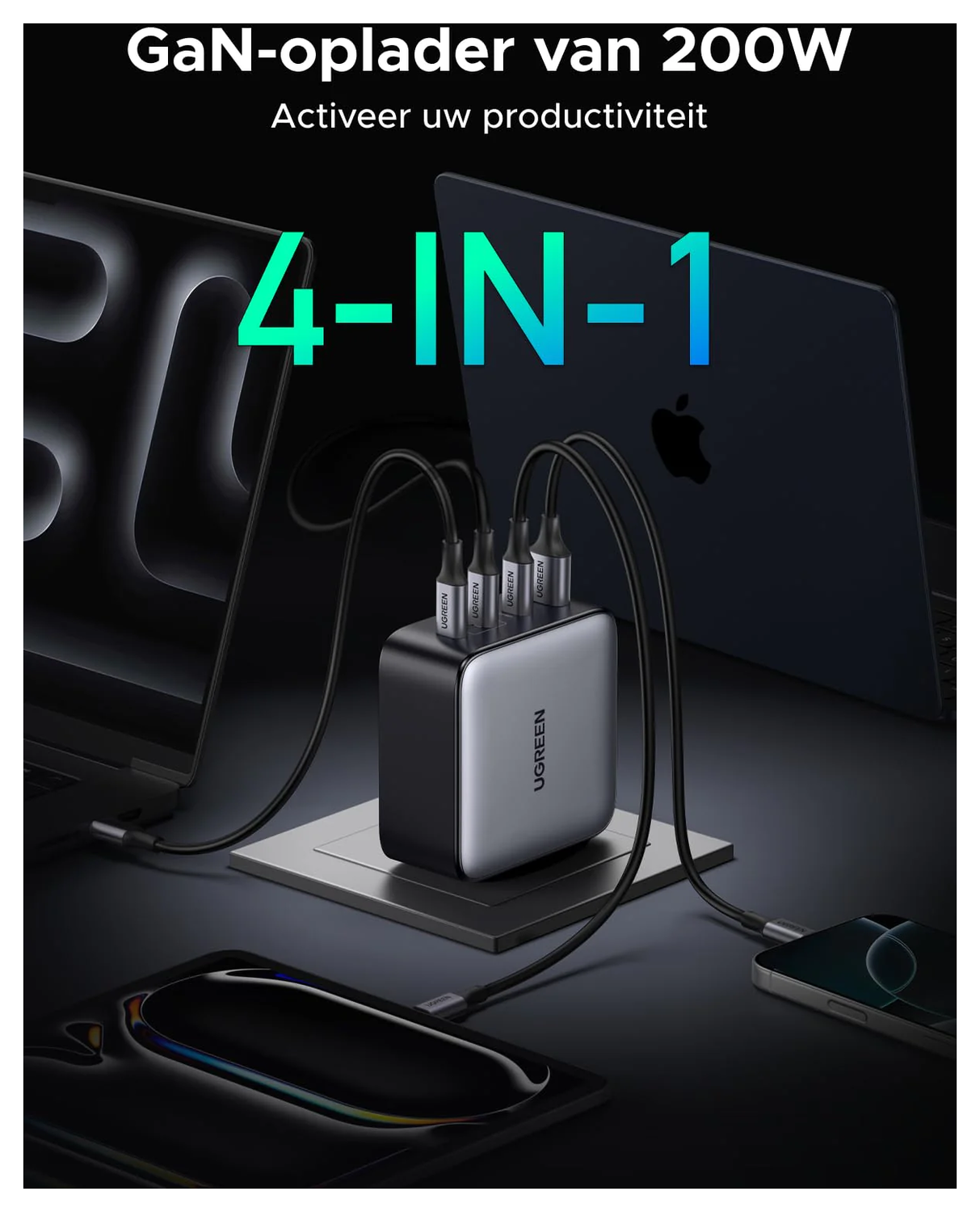 UGREEN Nexode 200W USB/USB-C Snellader GaN Power Delivery Adapter Grijs afbeelding 5