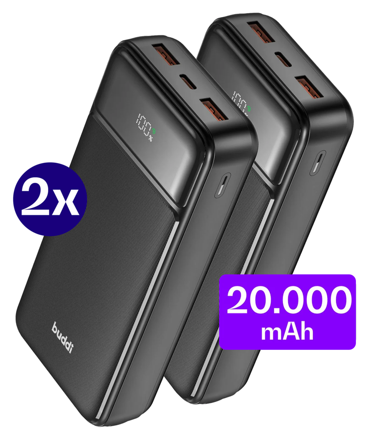 Buddi Boost 20.000 mAh Powerbank Met Display Duo Pack Zwart 22.5W afbeelding 1