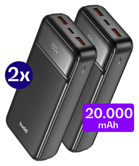 Buddi Boost 20.000 mAh Powerbank Met Display Duo Pack Zwart 22.5W afbeelding 1