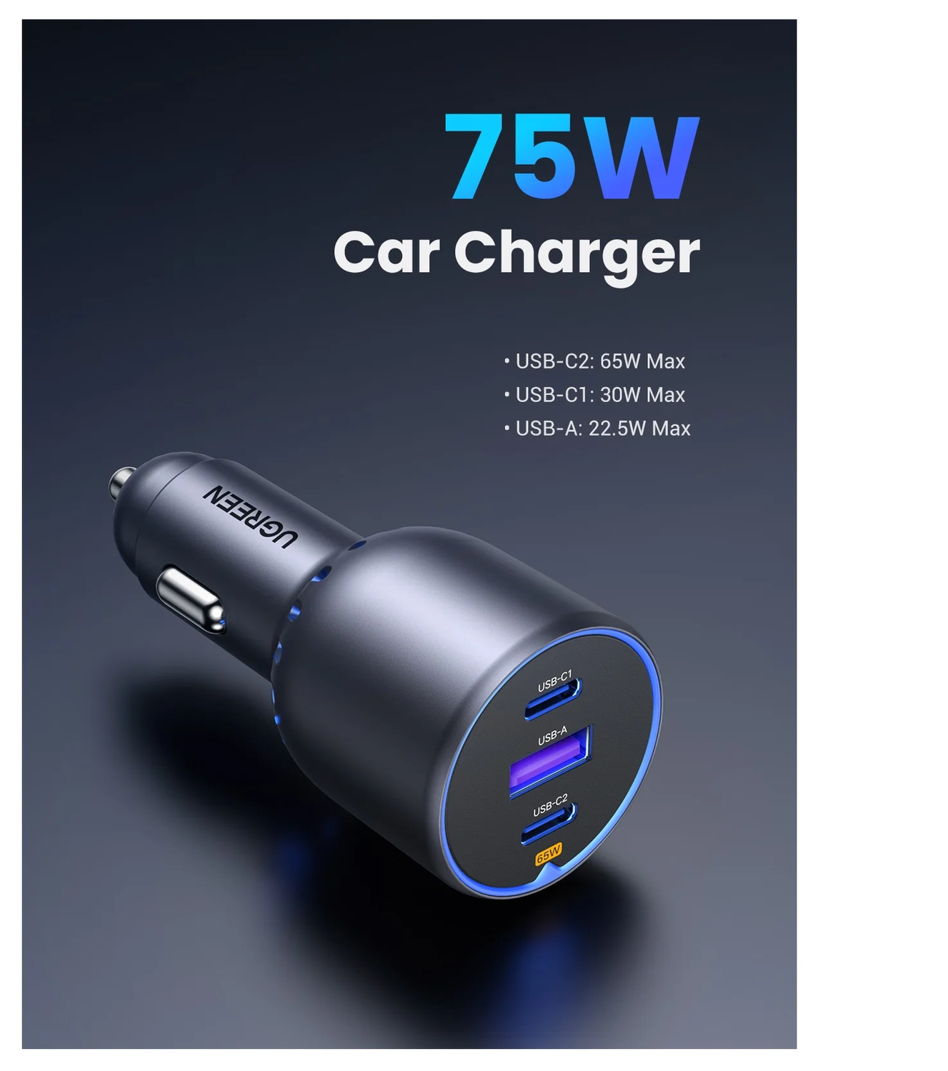 UGREEN USB/USB-C Auto Snellader 75W met PD en QC 3.0 Zwart afbeelding 3
