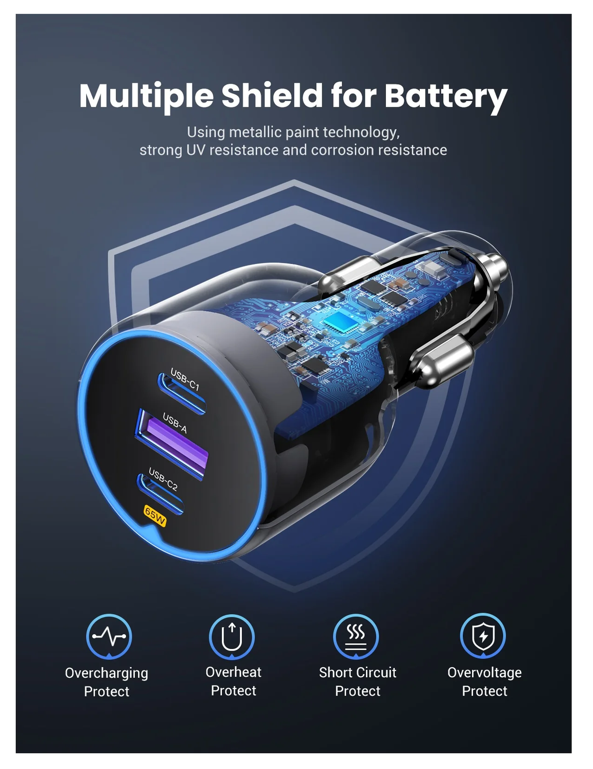 UGREEN USB/USB-C Auto Snellader 75W met PD en QC 3.0 Zwart afbeelding 5