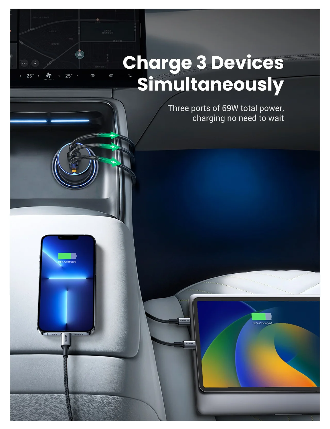 UGREEN USB/USB-C Auto Snellader 75W met PD en QC 3.0 Zwart afbeelding 6