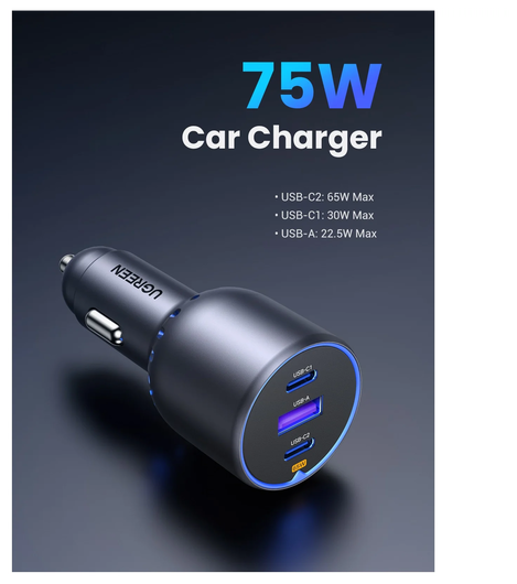 UGREEN USB/USB-C Auto Snellader 75W met PD en QC 3.0 Zwart afbeelding 3